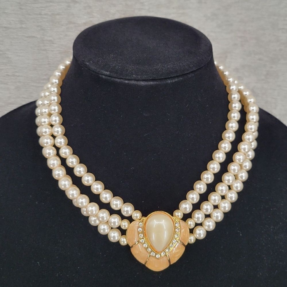 Three Strand Faux Pearl Necklace with Large Teardrop Pearl Gold Toned Pendant